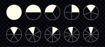 Brüche Kuchen geteilt für Mathe. Kreiskuchen mit Stücken. Segment-Slice-Set. einfache Geometrie. vektor isolierte illustration