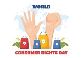 värld konsument rättigheter dag illustration med handla, påsar och behov av konsumenter för webb baner eller landning sida i platt tecknad serie hand dragen mallar vektor