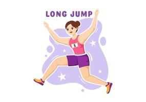 lång hoppa illustration med idrottare håller på med hoppar i sand grop för webb baner eller landning sida i sport mästerskap platt tecknad serie hand dragen mallar vektor