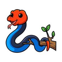 niedlicher rotköpfiger krait-schlangen-cartoon auf baumast vektor