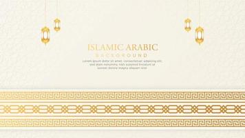 islamischer arabischer weißer und goldener hintergrund mit griechischer geometrischer mustergrenze und bürsten vektor