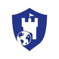 Schloss-Globus-Vektor-Logo-Design. Einzigartige Designvorlage für das Festungs- und Globus-Logo. vektor
