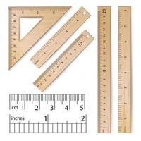 Vektor der Schulherrscher. realistisches klassisches metrisches imperiales Lineal aus Holz. Zentimeter und Zoll. Messen Sie die Werkzeugausrüstung, die auf weißer Illustration lokalisiert wird