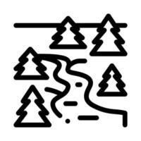 strömmande flod bland barr- skogar ikon vektor översikt illustration