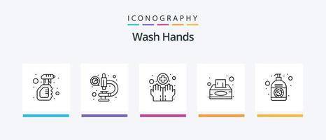 Hände waschen Linie 5 Icon Pack inklusive Seife. medizinisch. Pflege. Hygiene. Tissue-Box. kreatives Symboldesign vektor