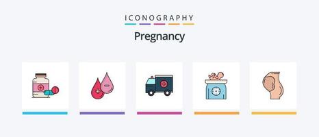 graviditet linje fylld 5 ikon packa Inklusive piller. bebis. mjölk. barn. kreativ ikoner design vektor