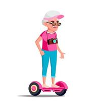 gammal kvinna på hoverboard vektor. ridning på gyro skoter. utomhus- aktivitet. tvåhjulig elektrisk självbalansering skoter. isolerat illustration vektor