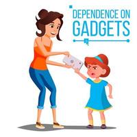 Gadget-Abhängigkeitsvektor für Kinder. Mutter nimmt Smartphone von Tochter. elterliche Erziehung. isolierte karikaturillustration vektor