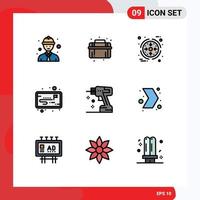 Stock Vector Icon Pack mit 9 Linienzeichen und Symbolen für die Werkzeugbohrmanagement-Konstruktionsstrategie editierbare Vektordesign-Elemente