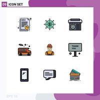 Stock Vector Icon Pack mit 9 Zeilen Zeichen und Symbolen für Avatar Worker Device Transport Bus editierbare Vektordesign-Elemente