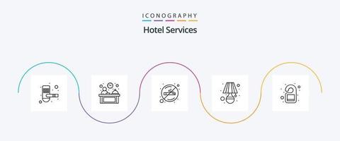 Hotelservices Linie 5 Icon Pack inklusive Tür. Tisch. Gesundheitswesen. Zimmer. Lampe vektor