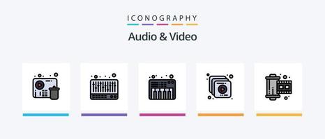 audio och video linje fylld 5 ikon packa Inklusive musik. pil. spel. video. disk. kreativ ikoner design vektor