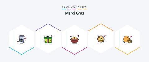 Mardi Gras 25 Filledline Icon Pack inklusive Orange. Lebensmittel. Schüssel. Parade. Korps vektor