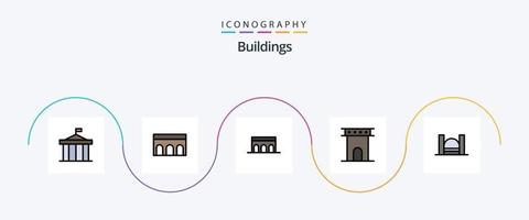 Gebäudelinie gefülltes flaches 5-Icon-Pack einschließlich Hafen. Brücke. historisch. Monument. Säule vektor