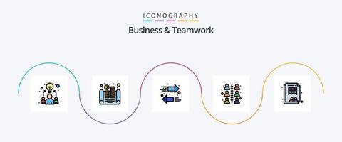 företag och lagarbete linje fylld platt 5 ikon packa Inklusive tabell. anställd. pil. arbete. relation vektor