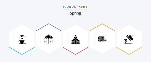 Spring 25 Glyphen-Icon-Pack inklusive Schmetterling. Schmetterling und Blume. Gebäude. Feder. Wagen vektor
