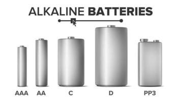 alkalisk batterier falsk upp uppsättning vektor. annorlunda typer aaa, aa, c, d, pp3, 9 volt. standard modern realistisk batteri. metall rena tömma mall Bra för branding design. isolerat illustration vektor