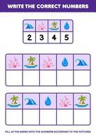 Lernspiel für Kinder Schreiben Sie die richtigen Zahlen in das Kästchen gemäß den niedlichen Wellenkoralleninsel-Wasserbildern auf dem druckbaren Naturarbeitsblatt des Tisches vektor