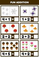 utbildning spel för barn roligt tillägg förbi räkning och belopp av söt tecknad serie webb Spindel svamp lönn blad ekollon blomma tryckbar natur kalkylblad vektor