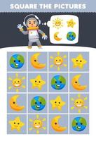 Bildungsspiel für Kinder helfen dem niedlichen Zeichentrick-Astronauten, das richtige Sonne-Stern-Mond-Planet-Set-Bild-Druckbares Natur-Arbeitsblatt zu quadrieren vektor
