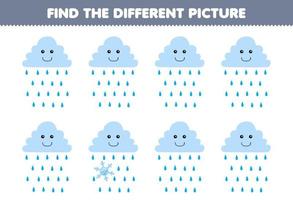 Lernspiel für Kinder Finden Sie das unterschiedliche Bild des Arbeitsblattes Natur zum Ausdrucken der niedlichen Cartoon-Regenwolke vektor