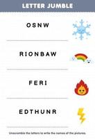 utbildning spel för barn brev virrvarr skriva de korrekt namn för söt tecknad serie snöflinga regnbåge brand åska tryckbar natur kalkylblad vektor