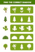 utbildning spel för barn hitta de korrekt skugga silhuett av söt tecknad serie buske kaktus handflatan träd tryckbar natur kalkylblad vektor