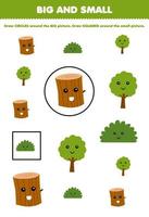 utbildning spel för barn ordna förbi storlek stor eller små förbi teckning cirkel och fyrkant av söt tecknad serie trä logga buske träd tryckbar natur kalkylblad vektor
