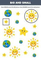 Bildungsspiel für Kinder Ordnen Sie nach Größe groß oder klein, indem Sie Kreis und Quadrat des niedlichen Cartoon-Sonnenstern-Planeten zum Ausdrucken des Naturarbeitsblatts zeichnen vektor