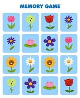 Lernspiel für Kindergedächtnis, um ähnliche Bilder von niedlichen Cartoon-Blume zu finden, die ein druckbares Naturarbeitsblatt darstellen vektor