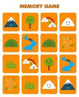 Bildungsspiel für Kindergedächtnis, um ähnliche Bilder des niedlichen Cartoon-Bergbaum-Regenbogenwolken-Fluss-Busch-Druckbares Natur-Arbeitsblatt zu finden vektor