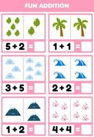 Lernspiel für Kinder Spaß Addition durch Zählen und Summe von niedlichem Cartoon Blatt Baum Wolke Welle Berg Koralle druckbares Naturarbeitsblatt vektor
