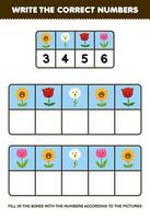 Lernspiel für Kinder Schreiben Sie die richtigen Zahlen in das Kästchen gemäß den niedlichen Blumenbildern auf dem druckbaren Naturarbeitsblatt vektor