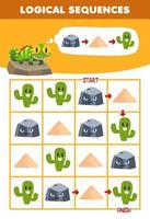 bildungsspiel für kinder logische abfolge helfen dem niedlichen cartoon-leguan beim sortieren von steinsand und kaktus von anfang bis zum ende druckbares naturarbeitsblatt vektor