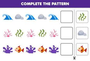 utbildning spel för barn skära och komplett de mönster av varje rad från en söt tecknad serie Vinka sten korall tång fisk kalkylblad vektor