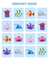 Lernspiel für Kinder, um ähnliche Bilder von niedlichen Cartoon-Anemonen-Algenfischen Korallenanemonenwelle zu finden. Druckbares Naturarbeitsblatt vektor