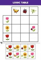 utbildning spel för barn logik tabell tecknad serie fjäril nyckelpiga och trollslända match med blomma tryckbar natur kalkylblad vektor
