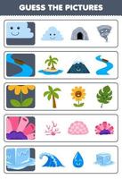 Bildungsspiel für Kinder Erraten Sie die richtigen Bilder von niedlichen Cartoon-Wolken-Fluss-Blumen-Korallen-Eis-Druckbaren Natur-Arbeitsblättern vektor
