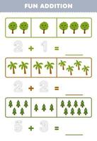 Lernspiel für Kinder, lustige Ergänzung durch Zählen und Verfolgen der Anzahl der niedlichen Cartoon-Baum-Druckbares Natur-Arbeitsblatt vektor