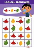 utbildning spel för barn logisk sekvens hjälp söt tecknad serie pojke sortera blad från Start till Avsluta tryckbar natur kalkylblad vektor