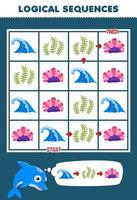Lernspiel für Kinder logische Abfolge hilft niedlichen Cartoon-Delphin beim Sortieren von Wellenalgen und Korallen von Anfang bis Ende druckbares Naturarbeitsblatt vektor