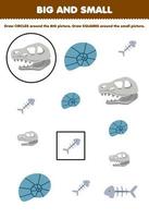 Bildungsspiel für Kinder Ordnen Sie nach Größe groß oder klein, indem Sie Kreise und Quadrate aus niedlichen Cartoon-Fossilien-Schalenfischknochen zeichnen vektor