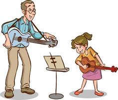 flicka inlärning till spela gitarr och musik läraretecknad film vektor