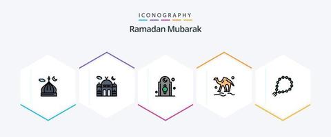 Ramadan 25 Filledline Icon Pack inklusive Beten. Misbaha. Turm. Arabisch. Tier vektor