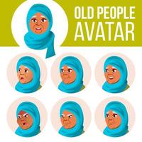 arab, muslim gammal kvinna avatar uppsättning vektor. ansikte känslor. senior person porträtt. äldre människor. åldrig. liv, emotionell. tecknad serie huvud illustration vektor