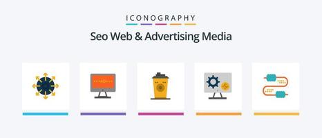 SEO Web und Werbemedien Flat 5 Icon Pack inklusive Ausrüstung. Bildschirm. lcd. Monitor. schwarzer Kaffee. kreatives Symboldesign vektor