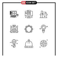 Stock Vector Icon Pack mit 9 Zeilenzeichen und Symbolen für Laptop Tower App Castle Media editierbare Vektordesign-Elemente