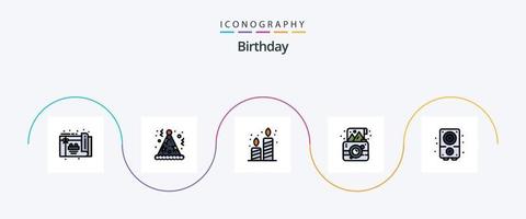 Geburtstagslinie gefülltes flaches 5-Icon-Paket einschließlich Multimedia. Foto. Kerze. Foto. Kamera