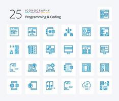 Programmierung und Codierung 25 blaue Symbolpakete einschließlich Entwicklung. Browser. Entwicklung. Entwicklung. Rechner vektor