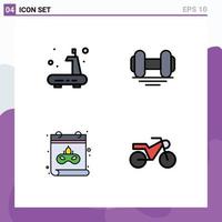 Stock Vector Icon Pack mit 4 Zeilenzeichen und Symbolen für Trainingsmasken, Laufband, Fitnessstudio, Motorrad, editierbare Vektordesign-Elemente